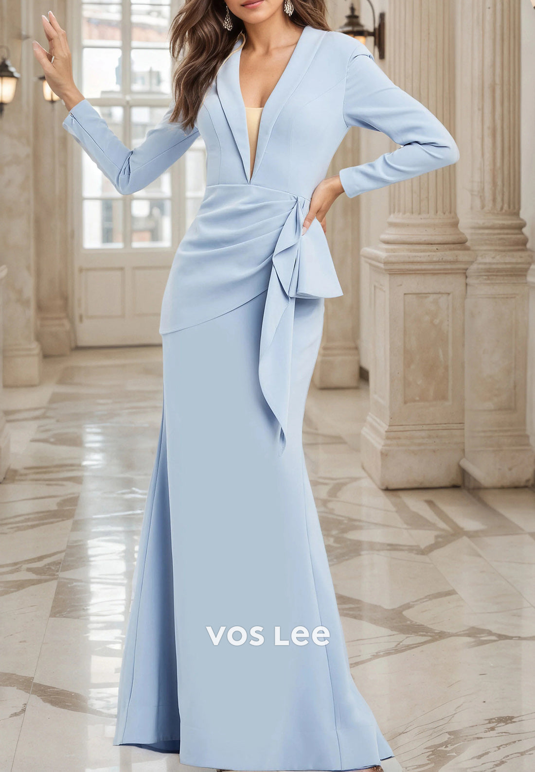 Long Sleeve Plunging V Neck Floor-Length Mermaid Mother of Bride Dresses Formal Dresses