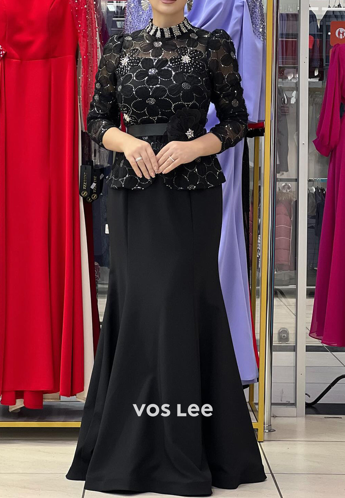 3/4 Sleeve Illusion Neck Flowers Pleated Floor-Length Mermaid Evening Dresses