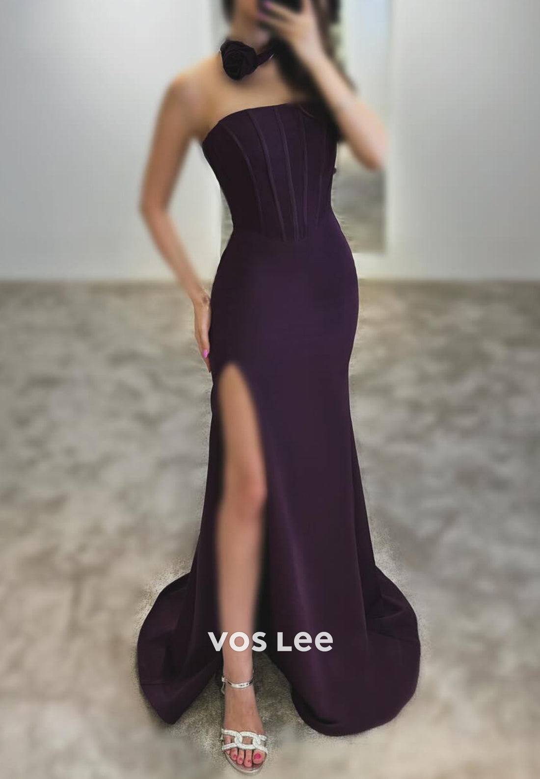Simple Empire Waist Strapless Pleated Side spilt Mermaid Prom Dresses with Sweep Train