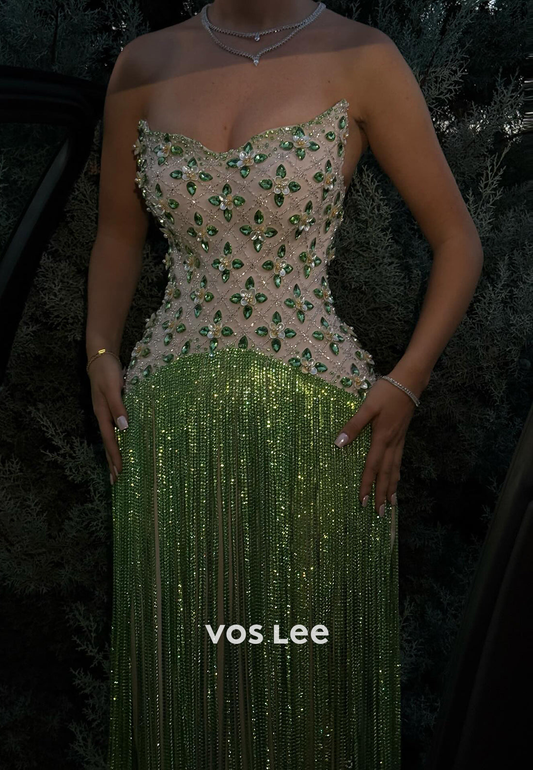 Green Strapless Scoop Beaded Rhinestone Fringe Sheath Prom Dresses