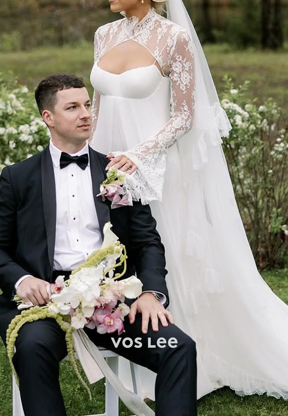 Long Sleeve High Neck Appliques Lace Pleated Sheath Wedding Dresses