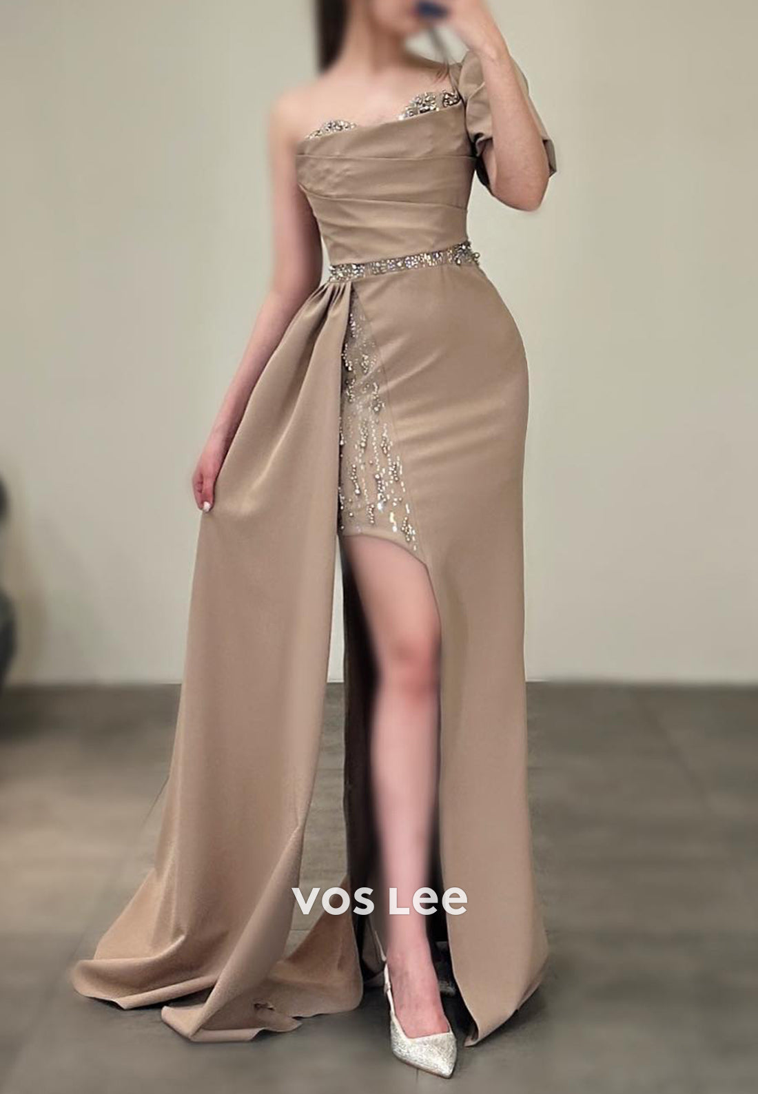 Sparkle & Shine Short Sleeve Rhinestone Pleated Mermaid Evening Dresses with Sweep Train