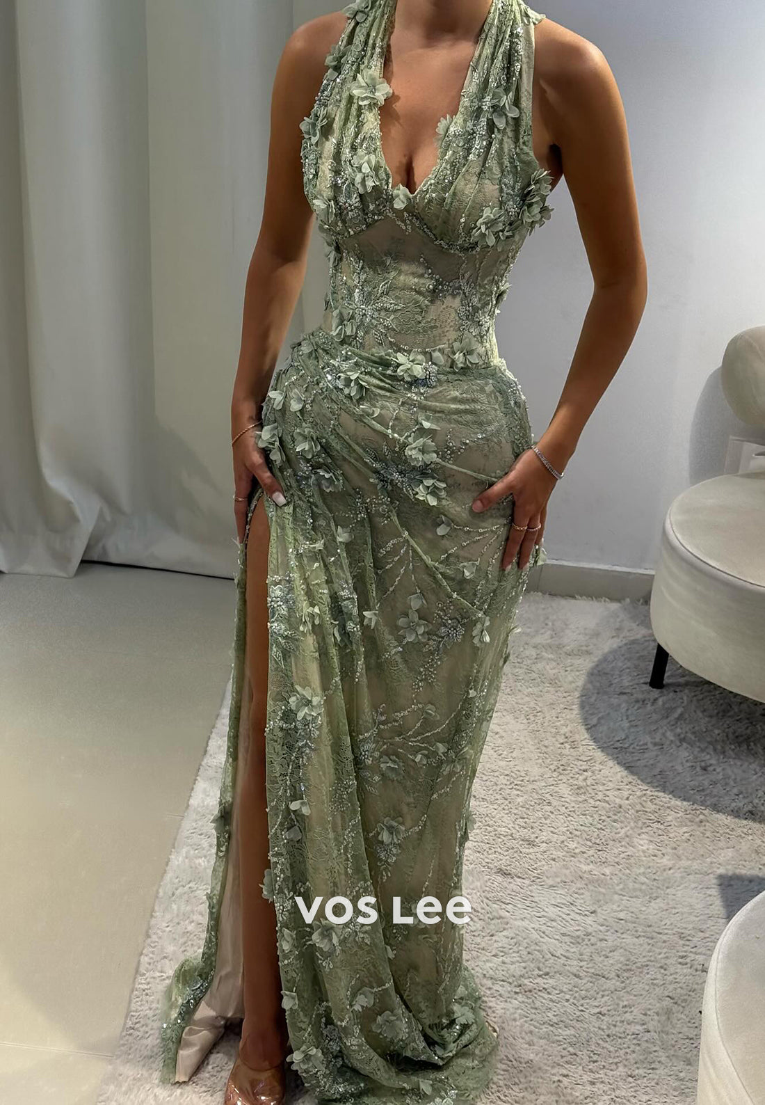 Green Halter Appliques Lace Pleated Mermaid Prom Dresses with Side Split