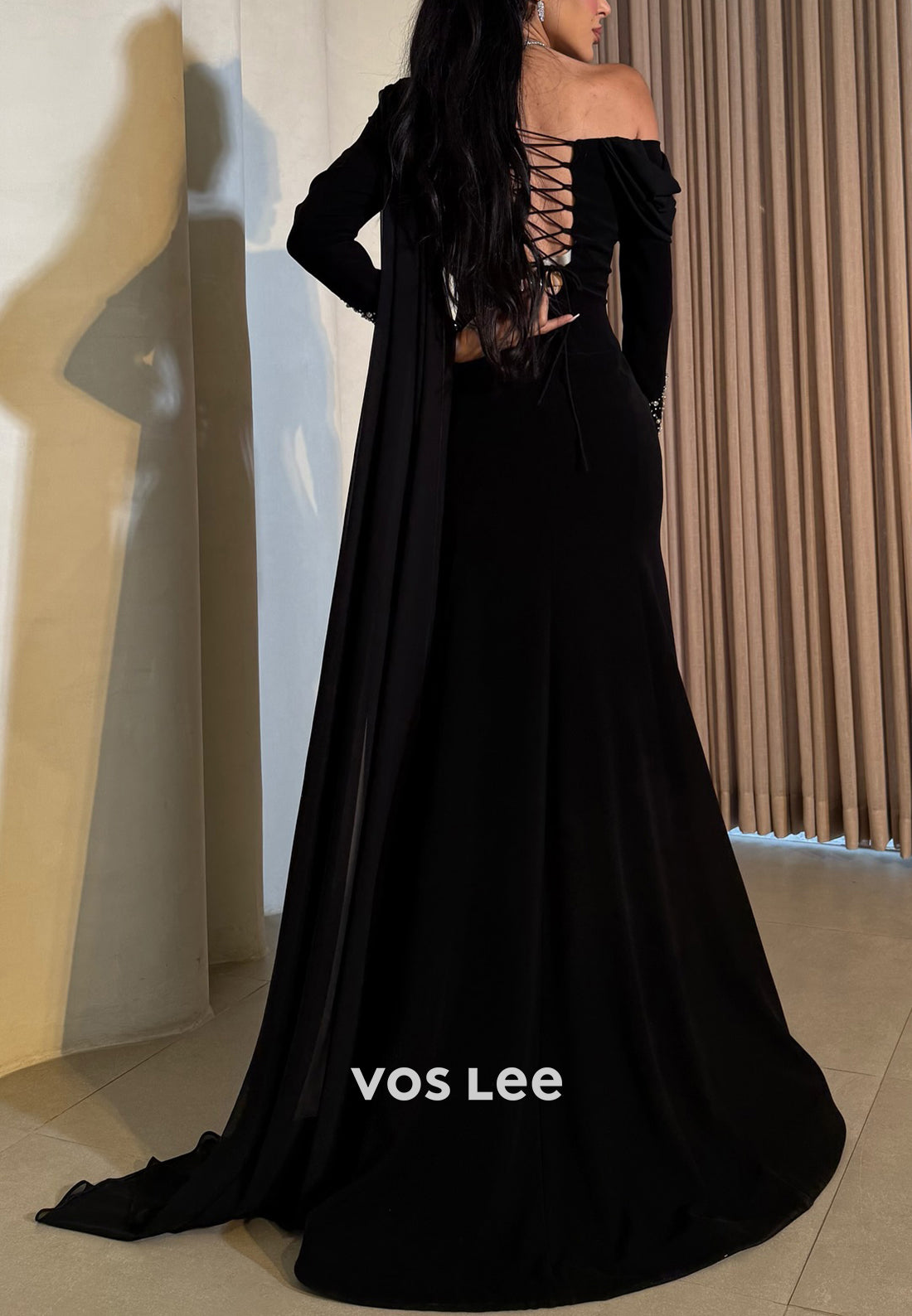 Long Sleeve One Shoulder Rhinestone Pleated Mermaid Evening Dresses with Sweep Train
