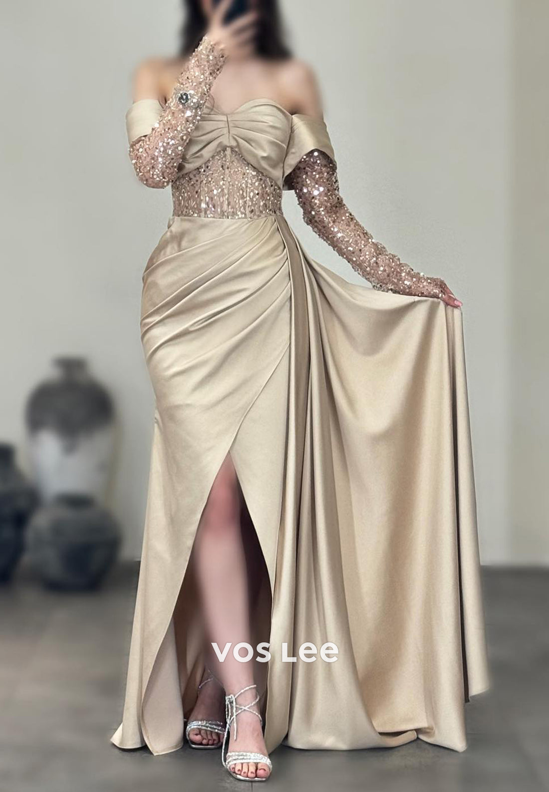 Classic Sequined Long Sleeve Sweetheart Pleated Mermaid Prom Dresses wirh High Spilt