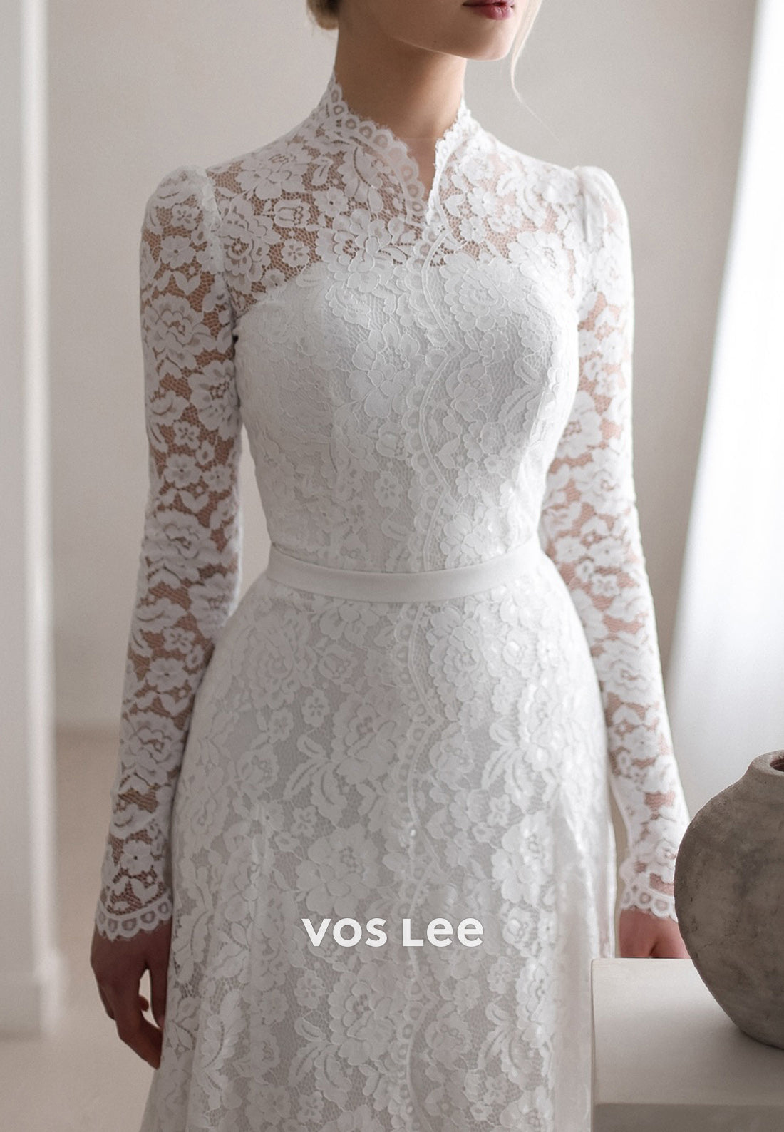 High Neck Long Sleeve Appliques Lace Sheath Wedding Dresses with Sweep Train
