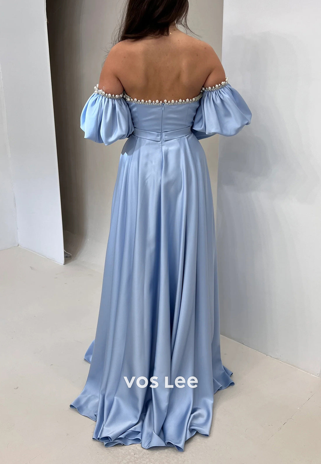 A-Line Long Sleeve Off the Shoulder Pearls Prom Dresses Evening Dresses with Sweep Train