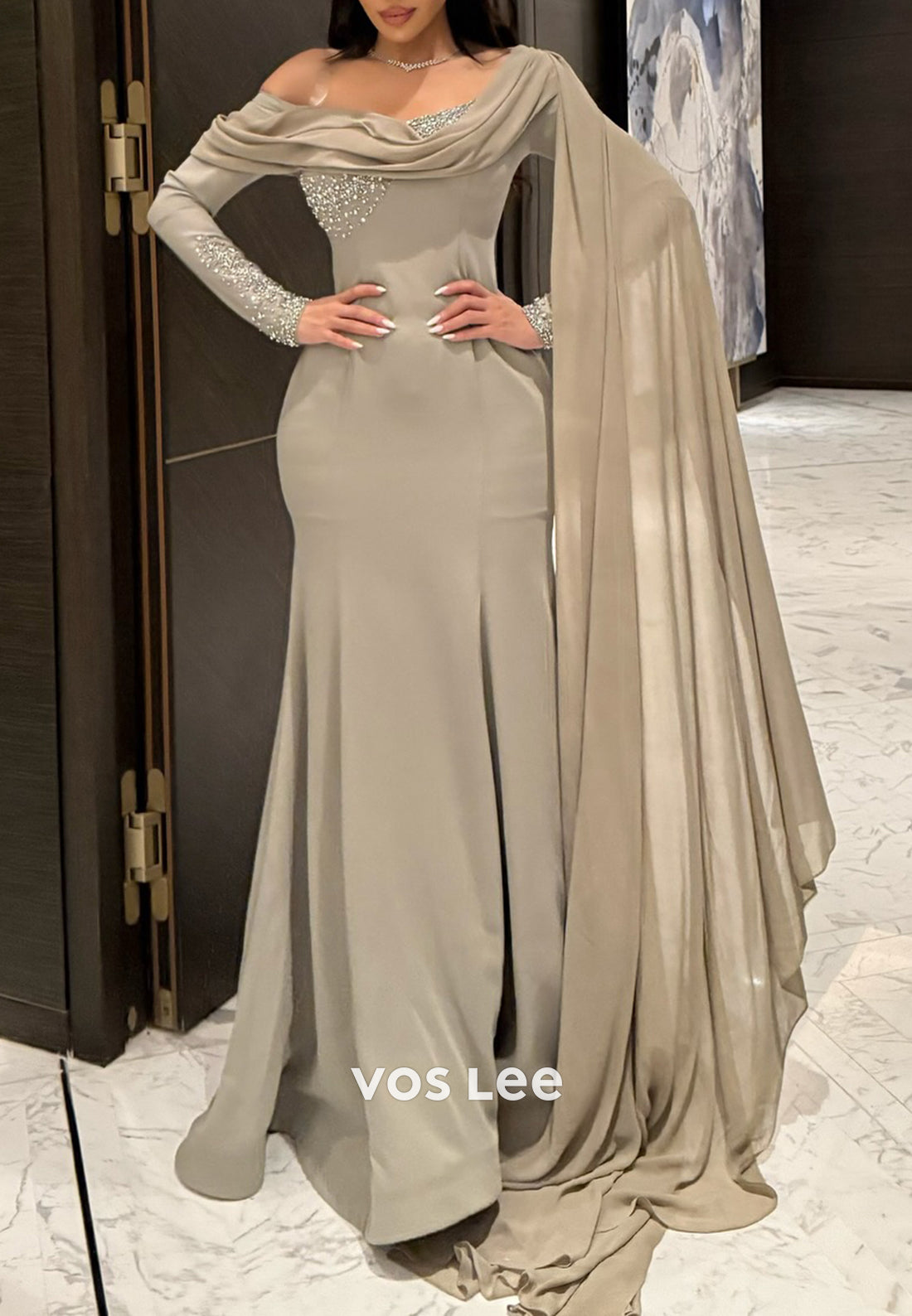 Long Sleeve Off the Shoulder Rhinestone Floor-Length Mermaid Evening Dresses