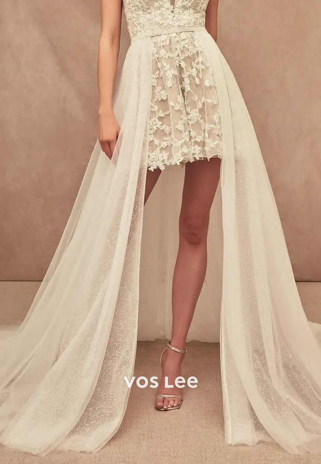 A-Line High Low Spaghetti Straps Sweetheart Appliques Lace Beach Wedding Dresses