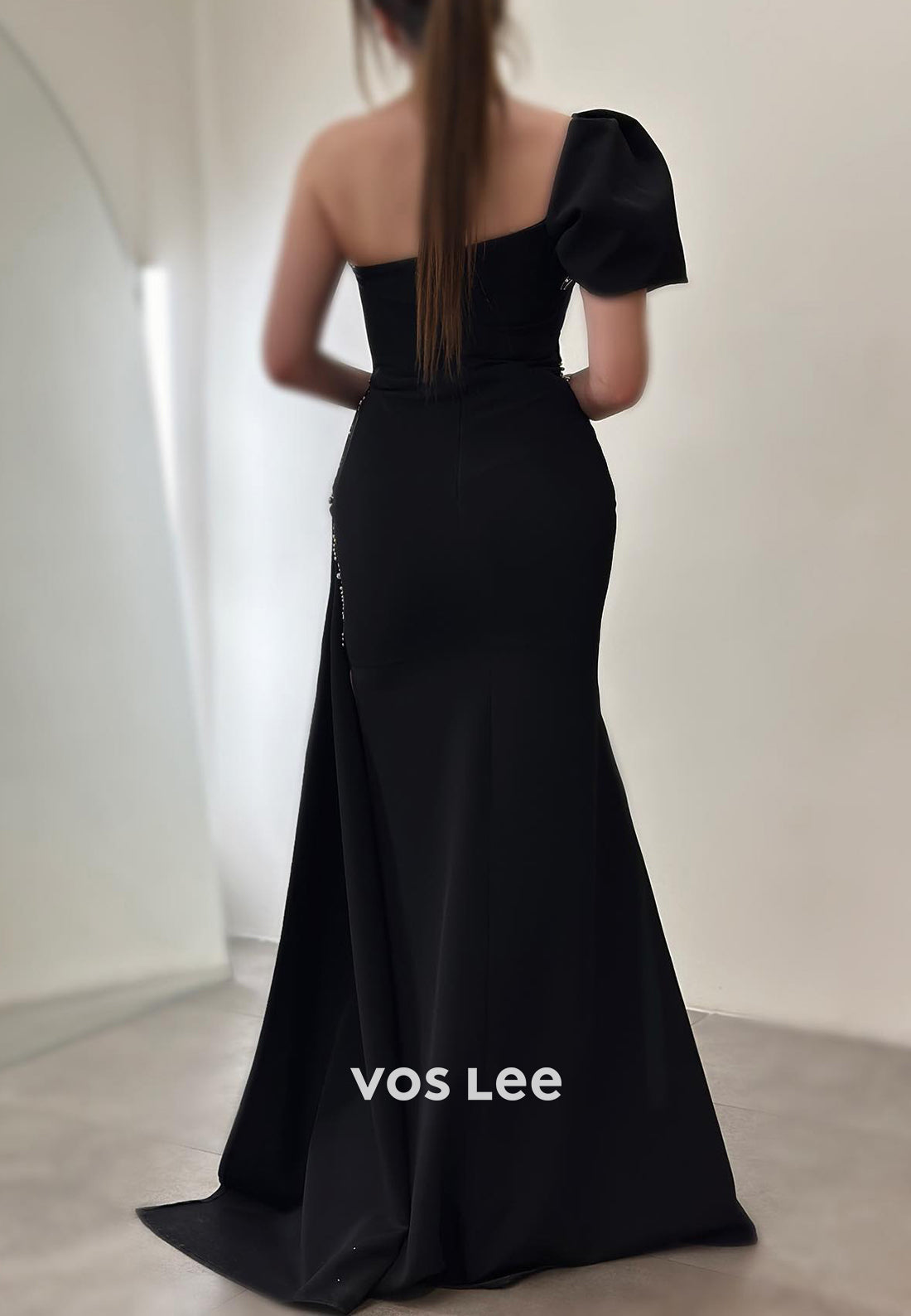 Sparkle & Shine Short Sleeve Rhinestone Pleated Mermaid Evening Dresses with Sweep Train
