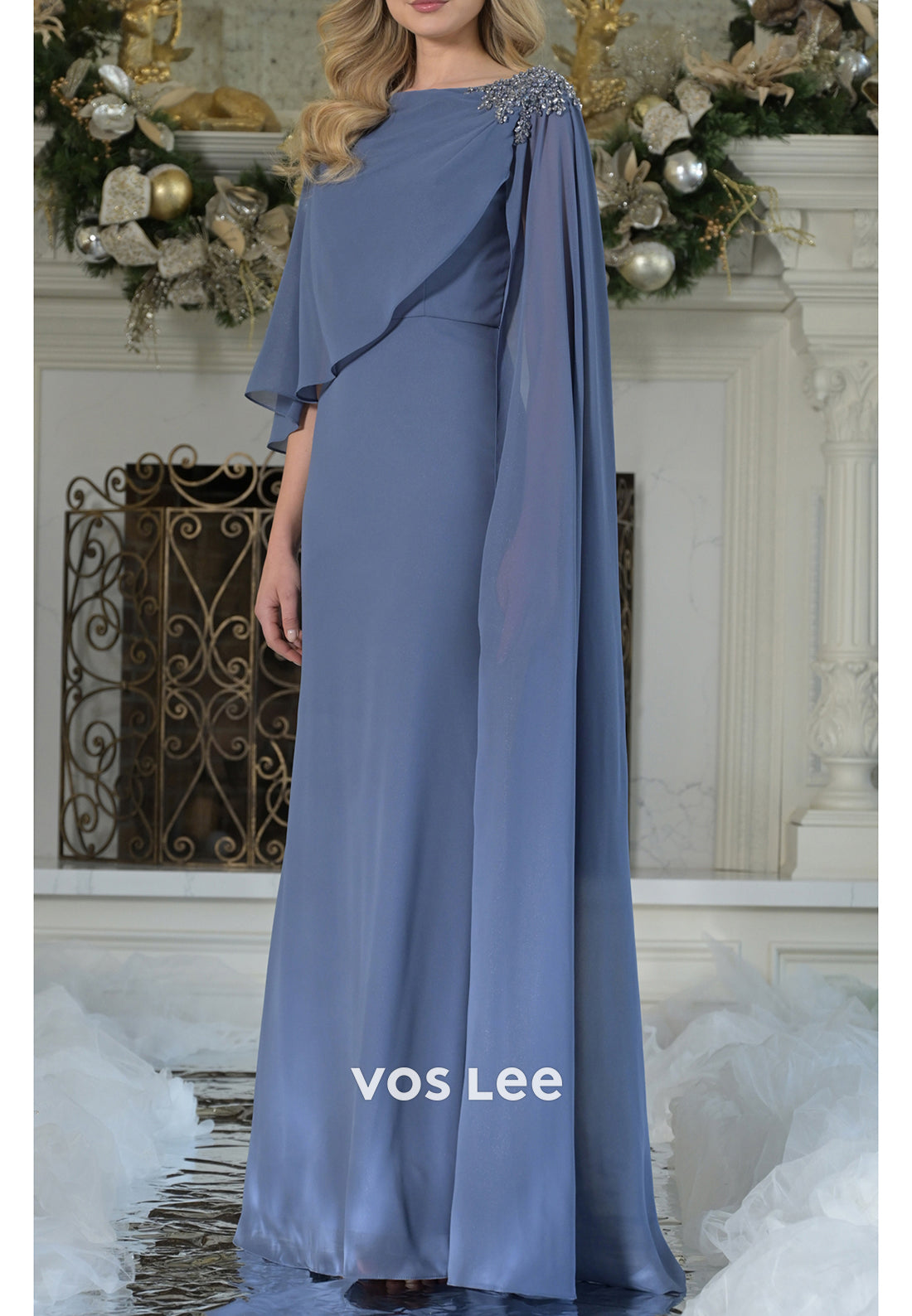 Scoop Beading Pleated Sheath Floor-Length Mother of Bride Dresses