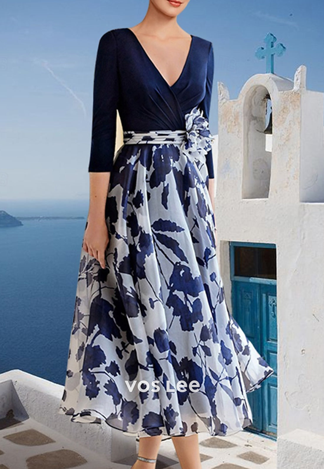 A-Line V Neck 3/4 Sleeve Flowers Embellished Ruched Mother of Bride Dresses