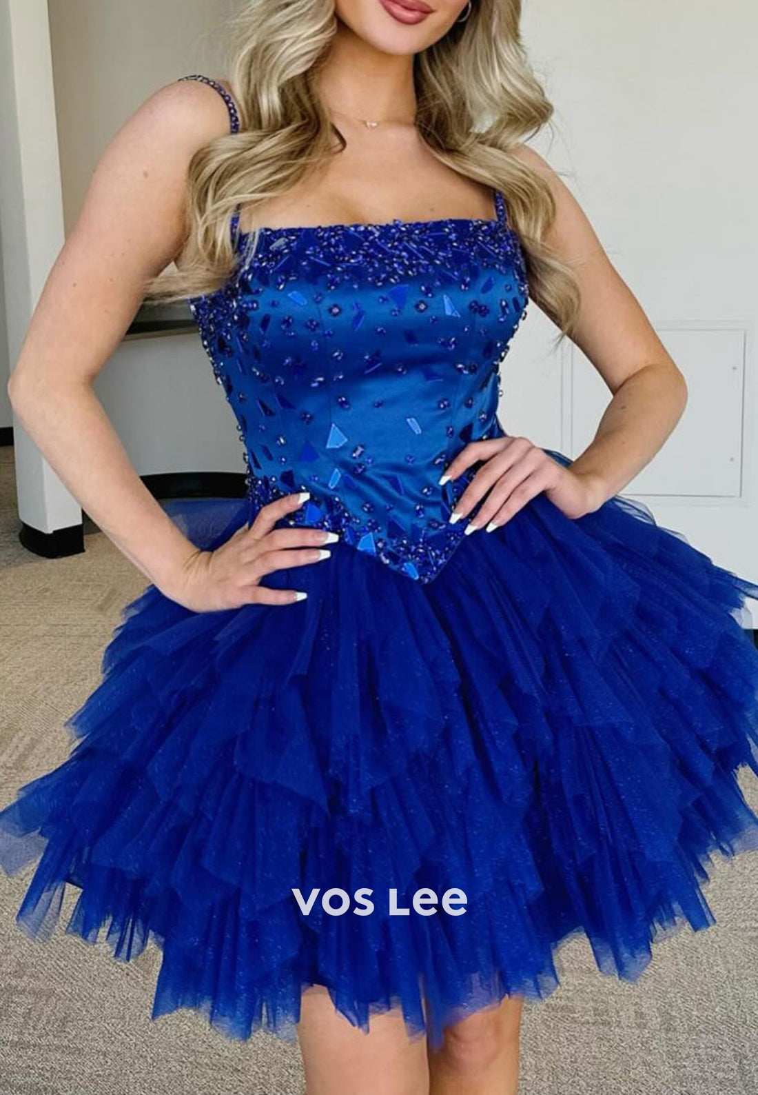 A-Line Spaghetti Straps Square Rhinestone Embellished Homecoming Dresses