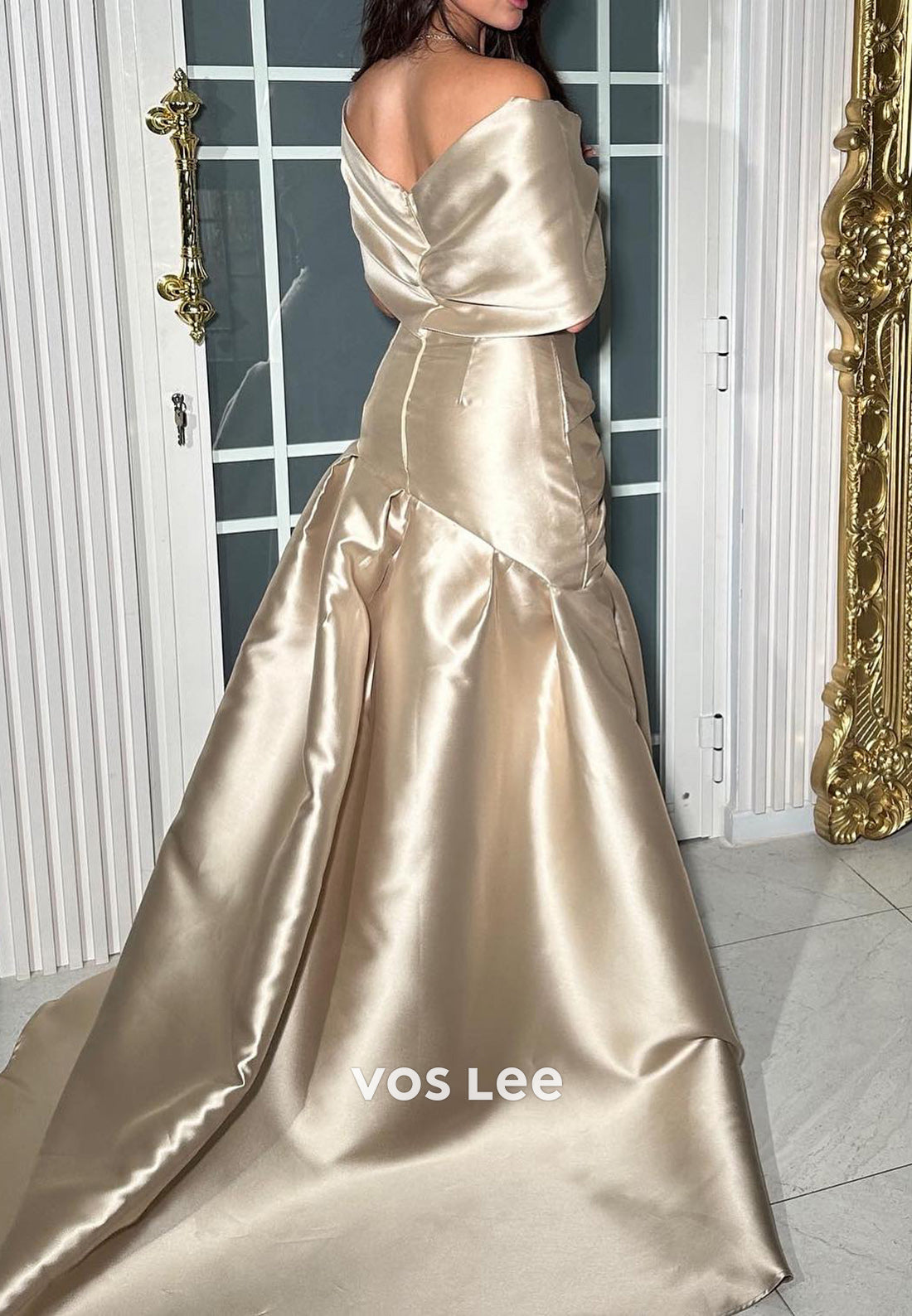 High Low Off the Shoulder Pleated Sheath Evening Dresses with Court Train