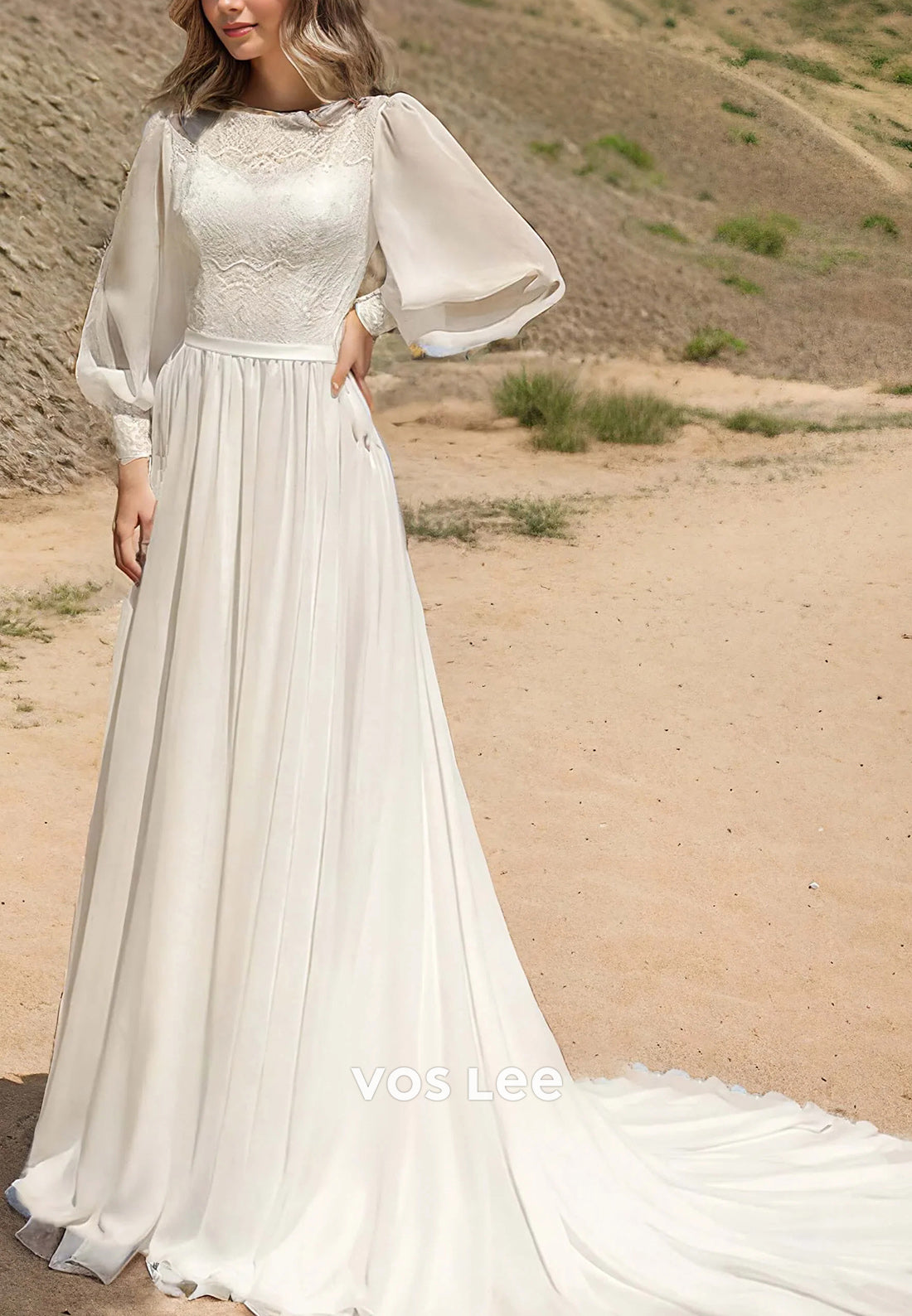 Simple A-Line Long Sleeve Appliques Lace Scoop Beach Wedding Dresses with Sweep Train