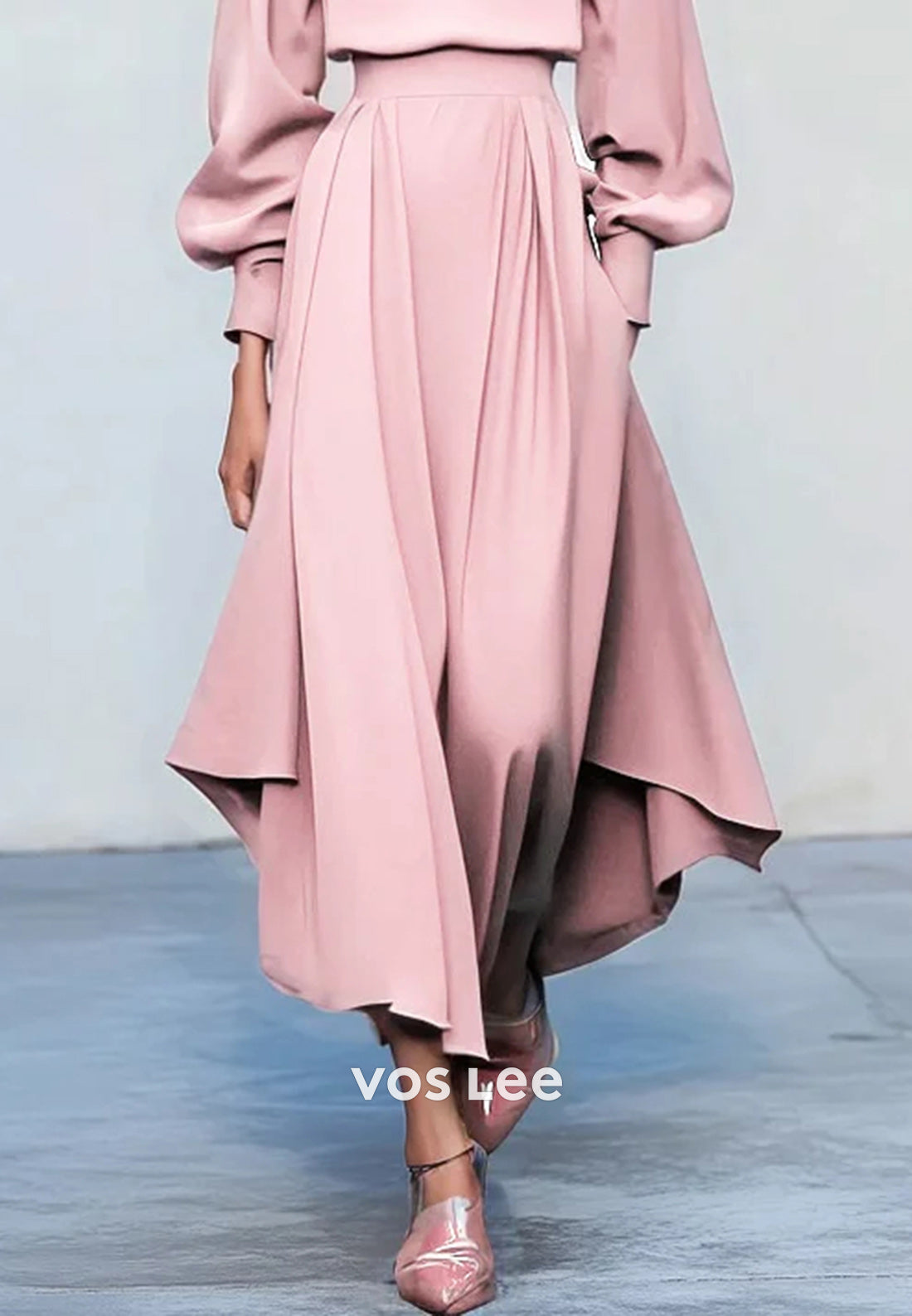 A-Line Long Sleeve Scoop Ankle-Length Pleated Empire Waist Wedding Guest Dresses