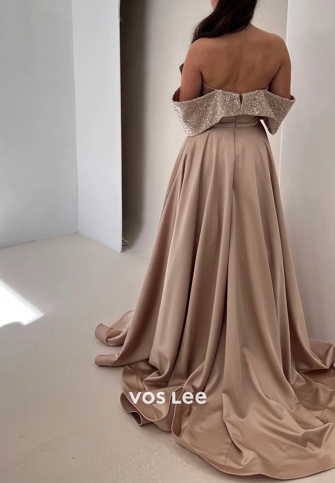 Simple A-Line Off the Shoulder Sequins Pleated Evening Dresses with Court Train