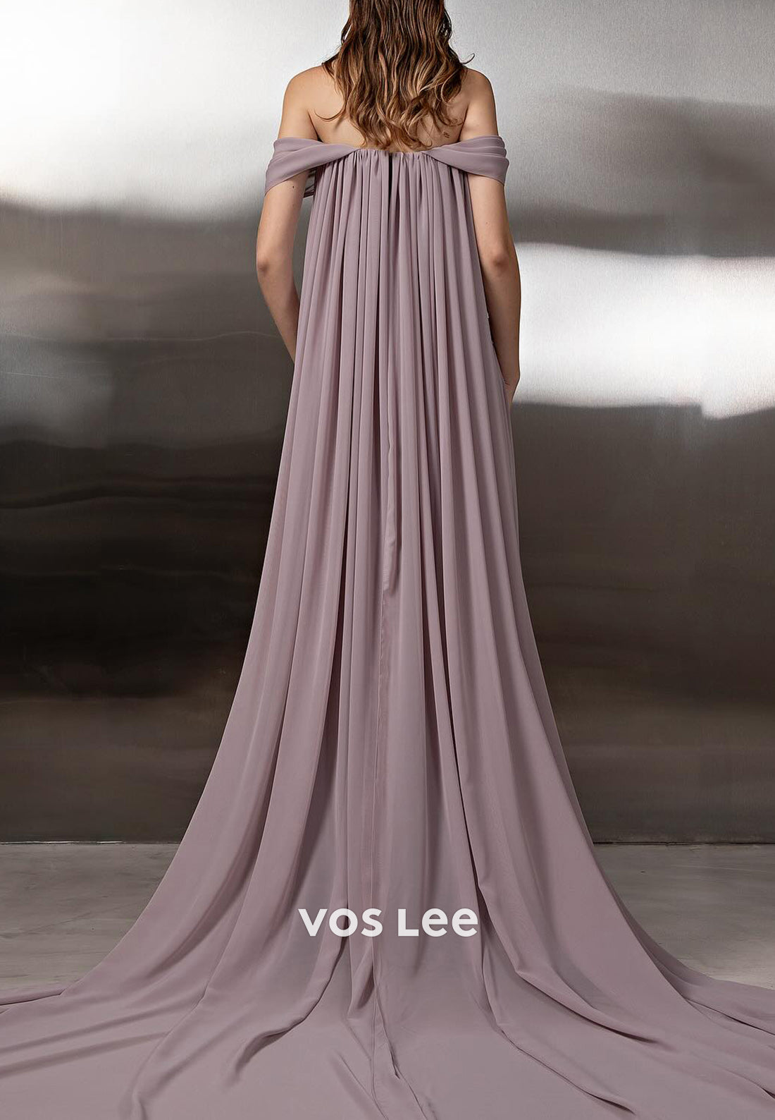 Simple & Casual Off the Shoulder Chiffon Sheath Pleated Long Prom Dresses