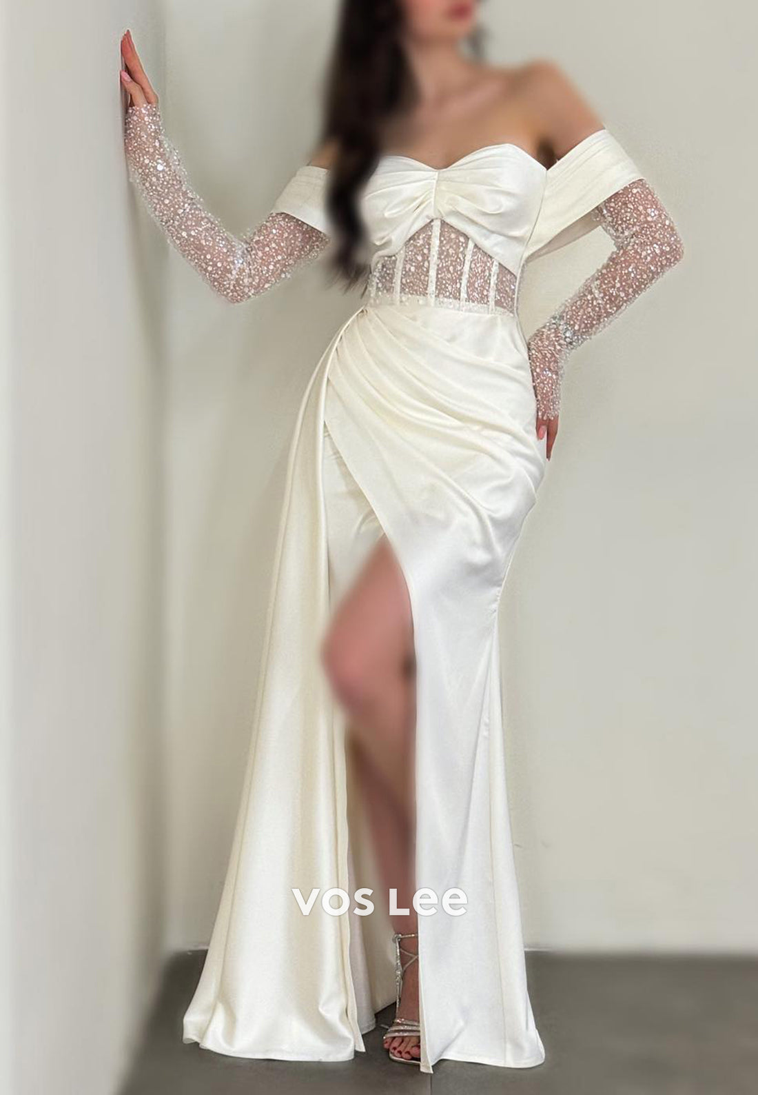 Classic Sequined Long Sleeve Sweetheart Pleated Mermaid Prom Dresses wirh High Spilt