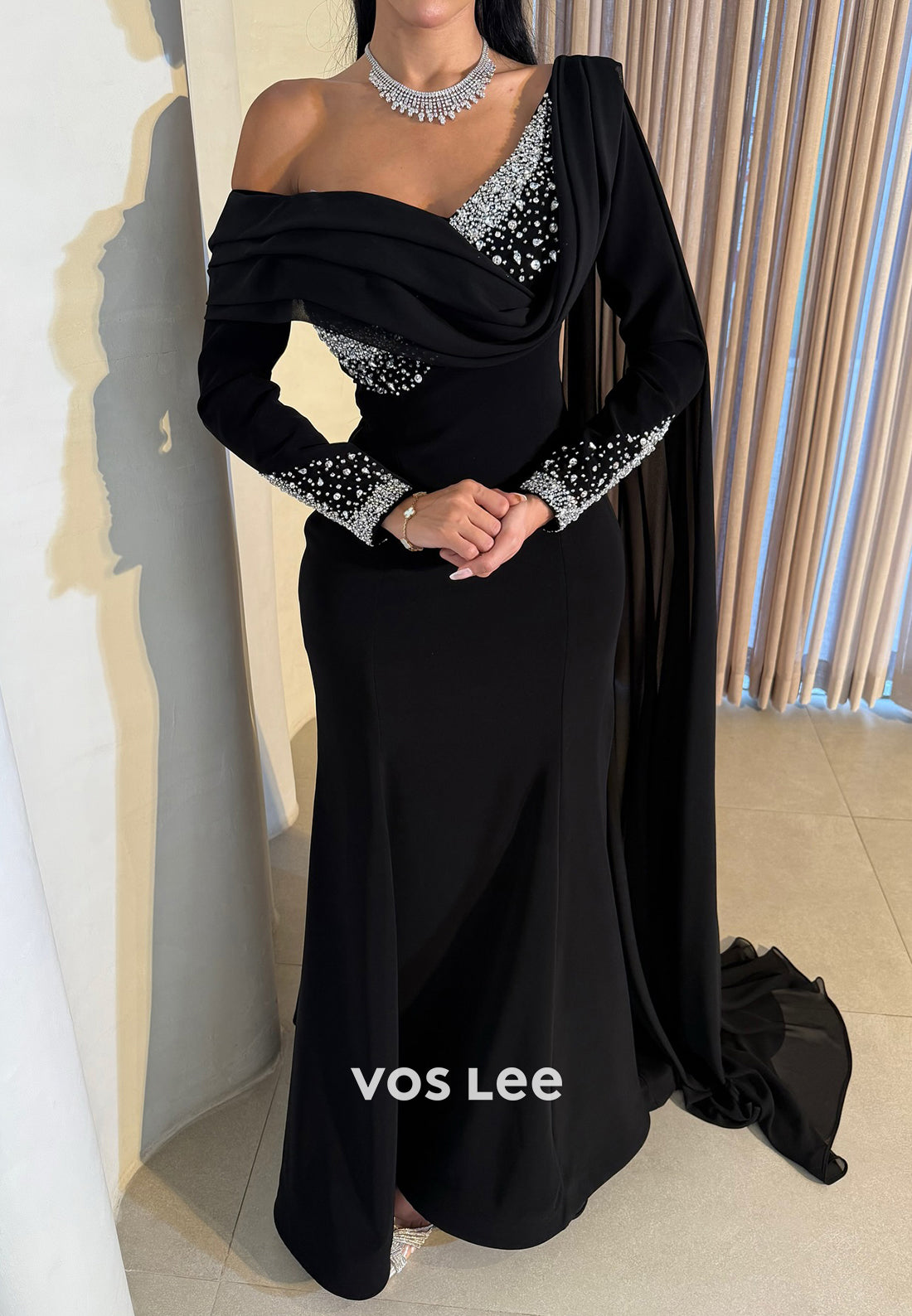 Long Sleeve One Shoulder Rhinestone Pleated Mermaid Evening Dresses with Sweep Train