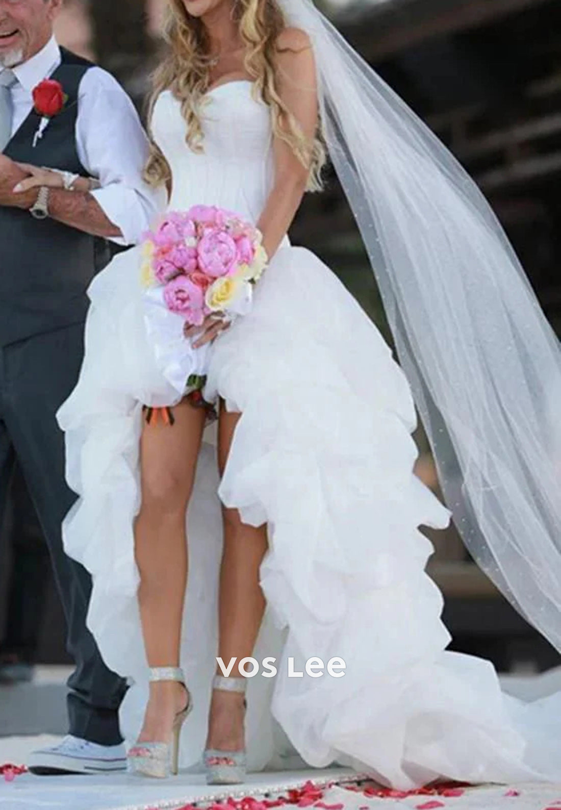High Low A-Line Strapless Sweetheart Pleated Beach Wedding Dresses with Court Train