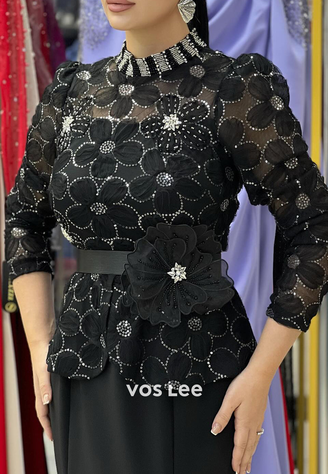 3/4 Sleeve Illusion Neck Flowers Pleated Floor-Length Mermaid Evening Dresses