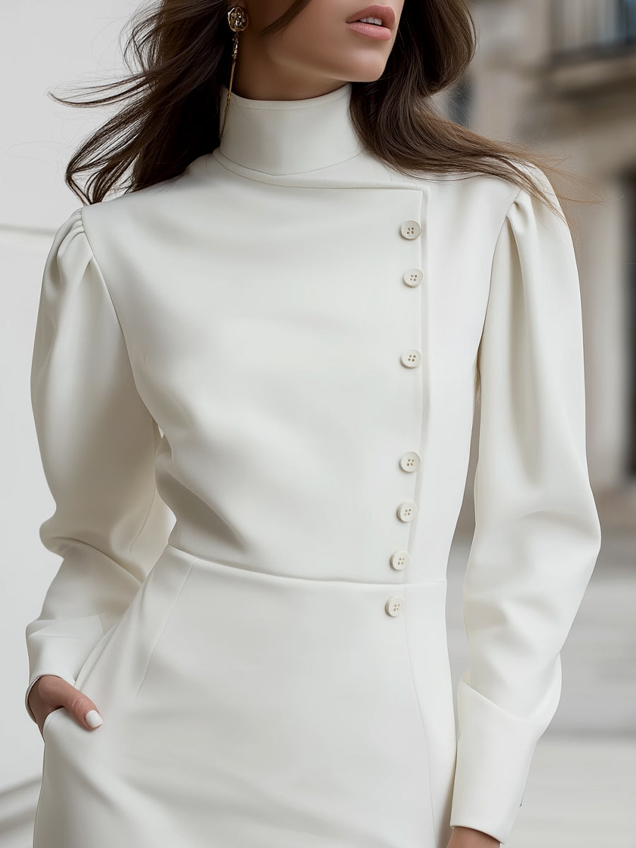 High-Neck Asymmetric Buttoned Mini Dress