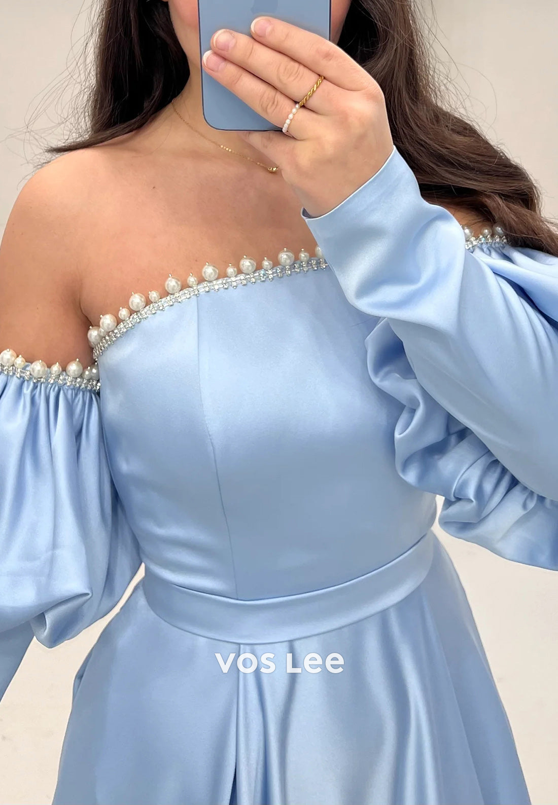 A-Line Long Sleeve Off the Shoulder Pearls Prom Dresses Evening Dresses with Sweep Train