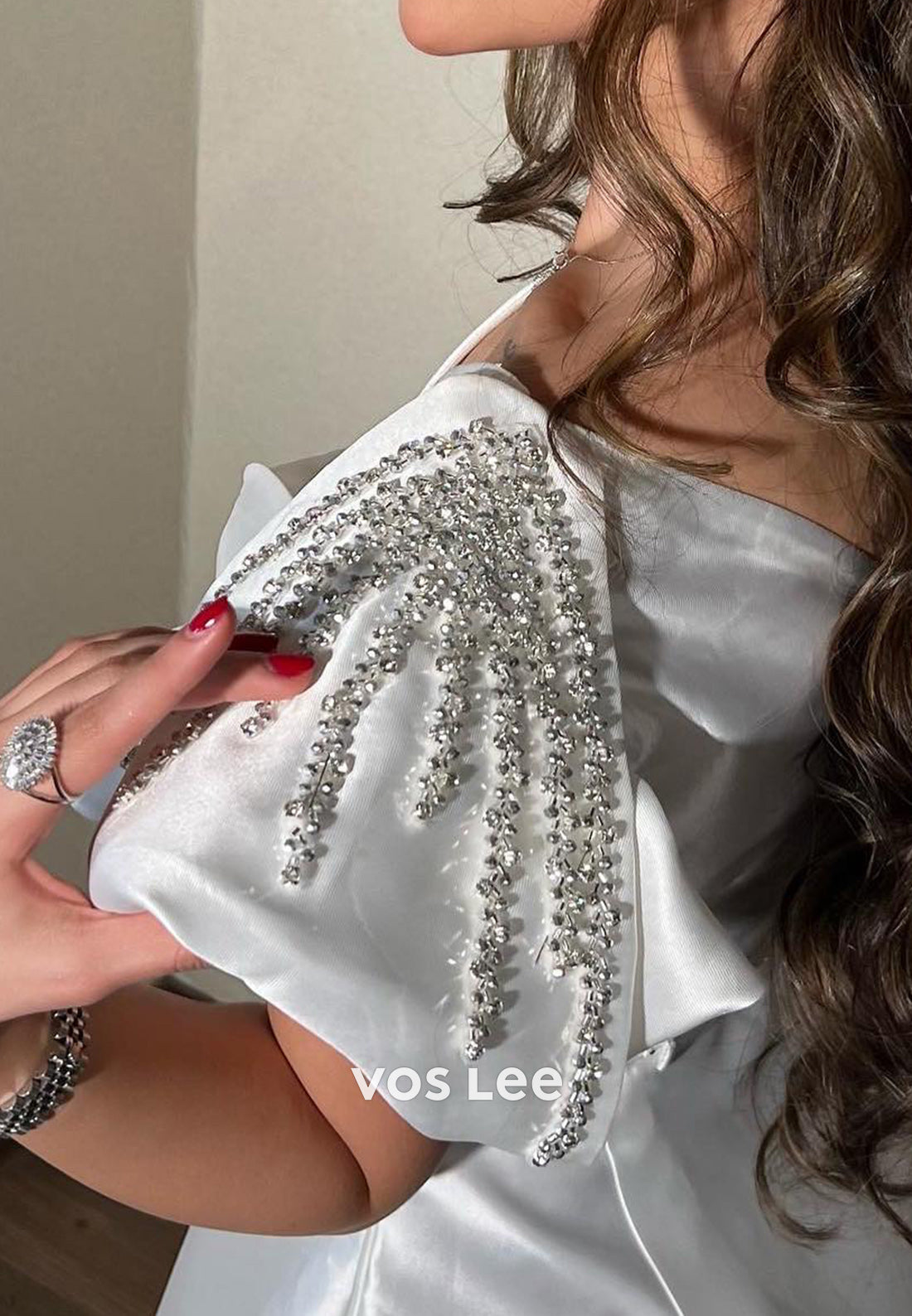 A-Line V Neck Ankle-Length Rhinestone Beaded Evening Dresses Party Dresses