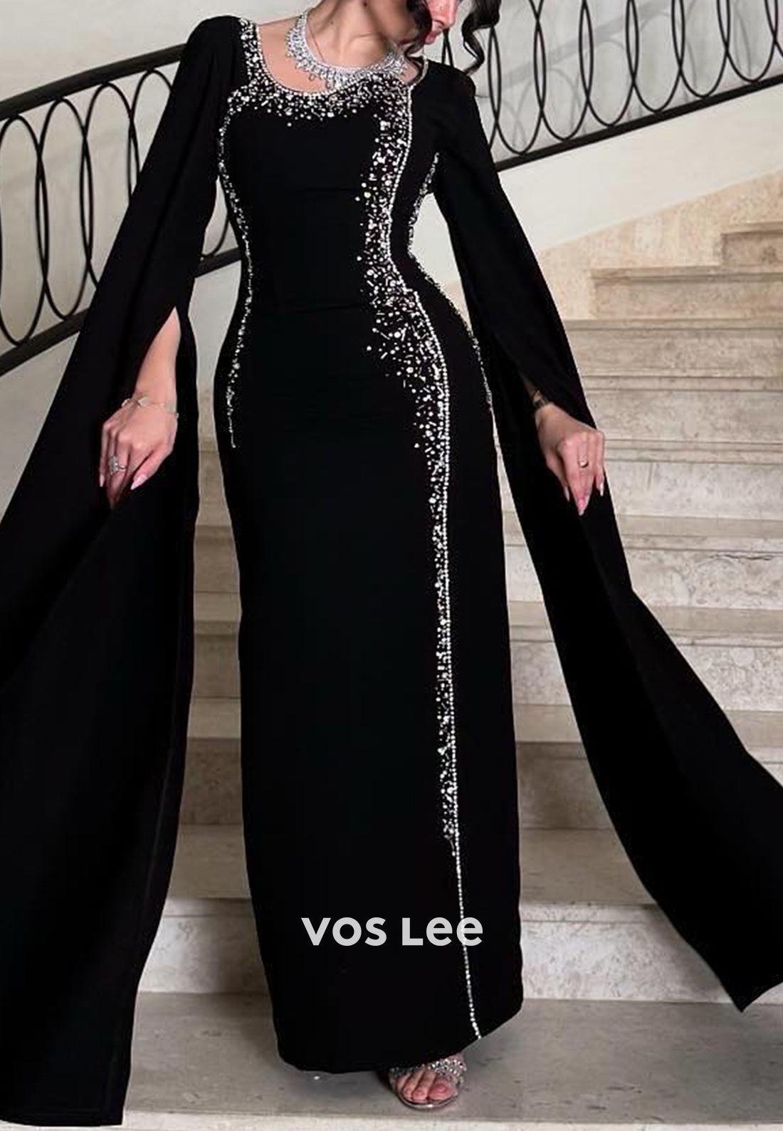 Long Sleeve Scoop Beading Embellished Floor-Length Sheath Evening Dresses