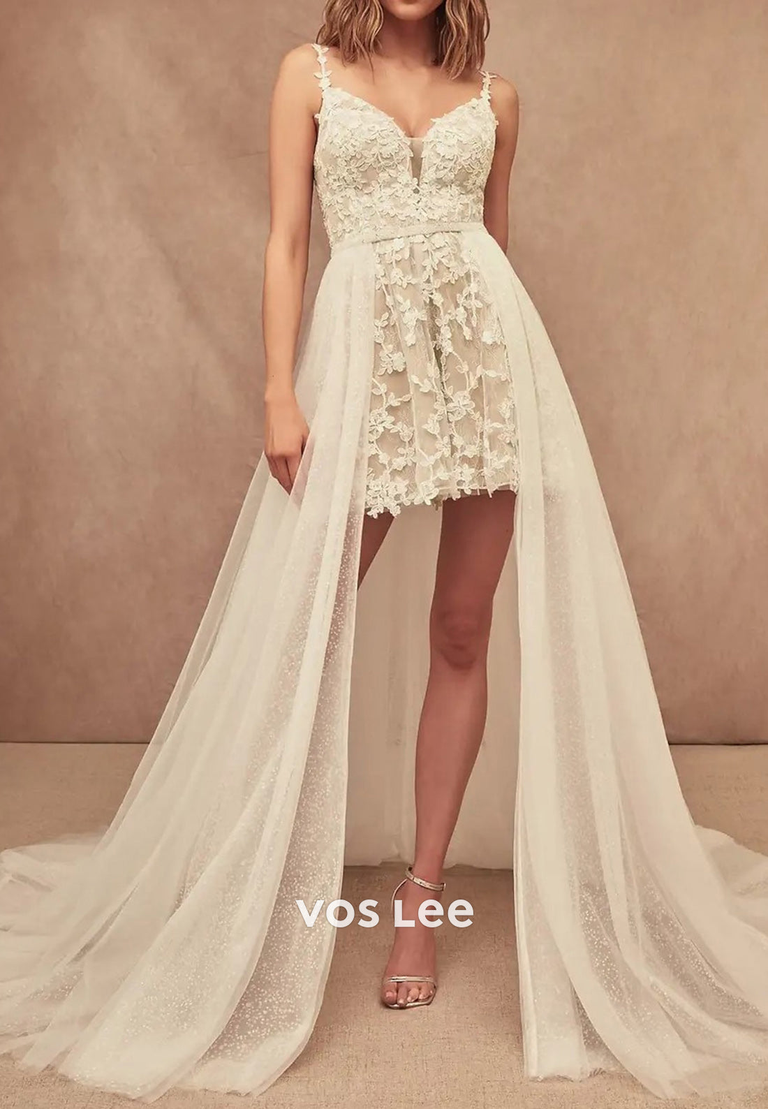 A-Line High Low Spaghetti Straps Sweetheart Appliques Lace Beach Wedding Dresses