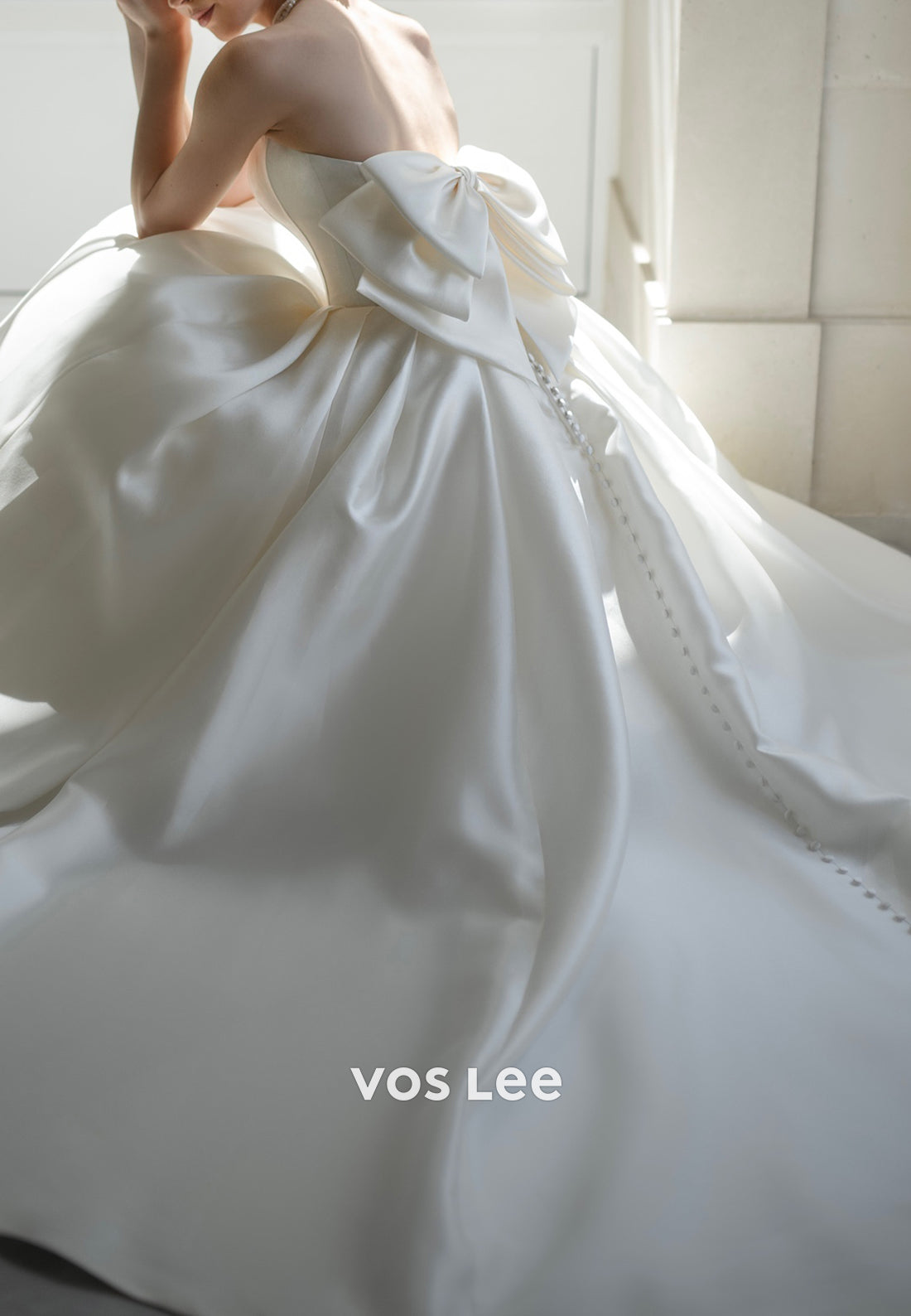Couture Strapless Scoop Bowknot Pleated Wedding Dresses with Chapel Train