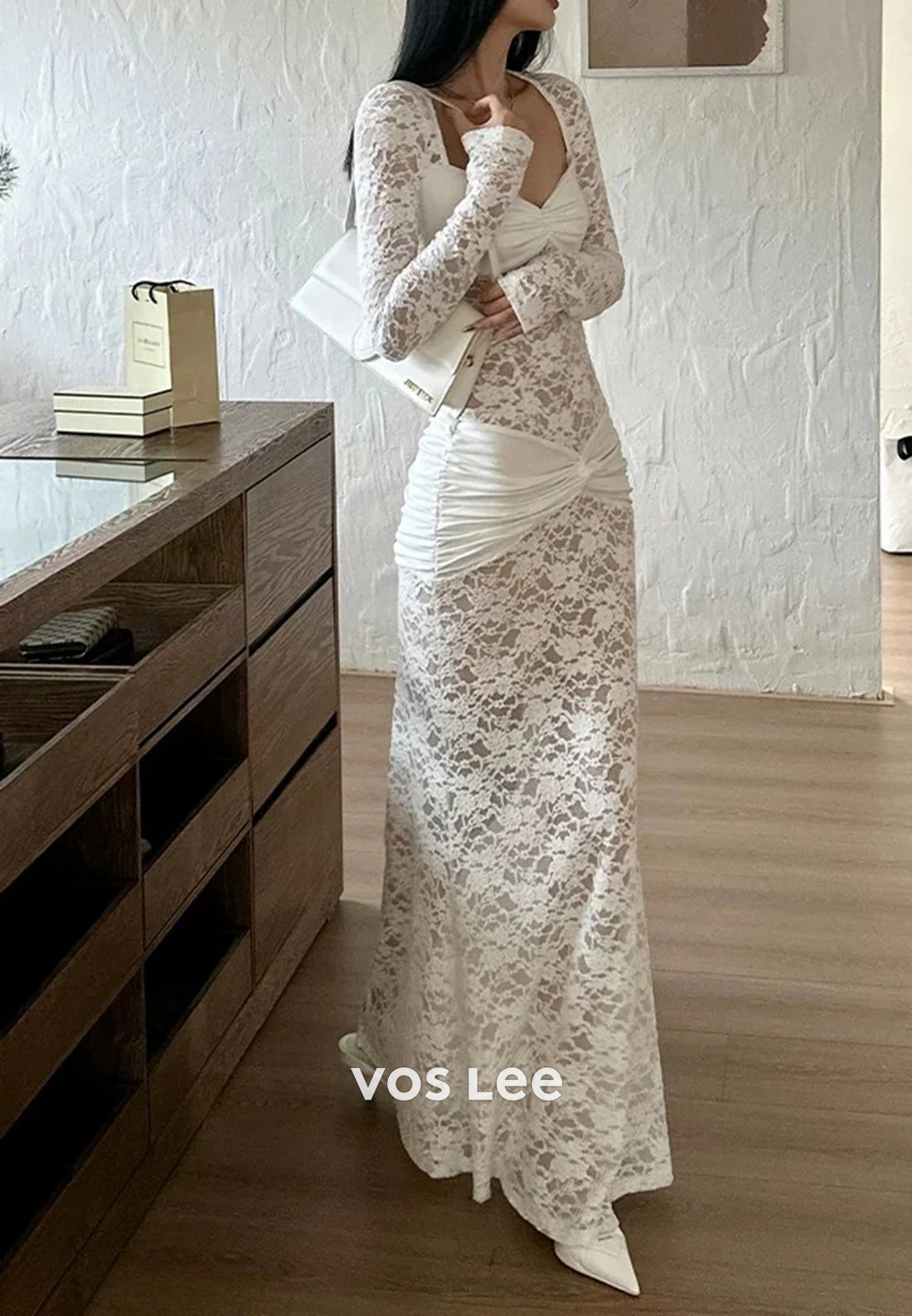 Long Sleeve Sweetheart Appliques Lace Pleated Floor-Length Mermaid Evening Dresses