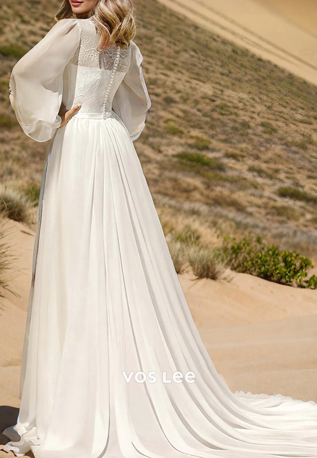 Simple A-Line Long Sleeve Appliques Lace Scoop Beach Wedding Dresses with Sweep Train