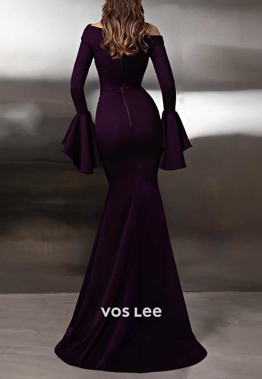 Bell Sleeves One Shoulder Rhinestone Pleated Long Mermaid Prom Dresses