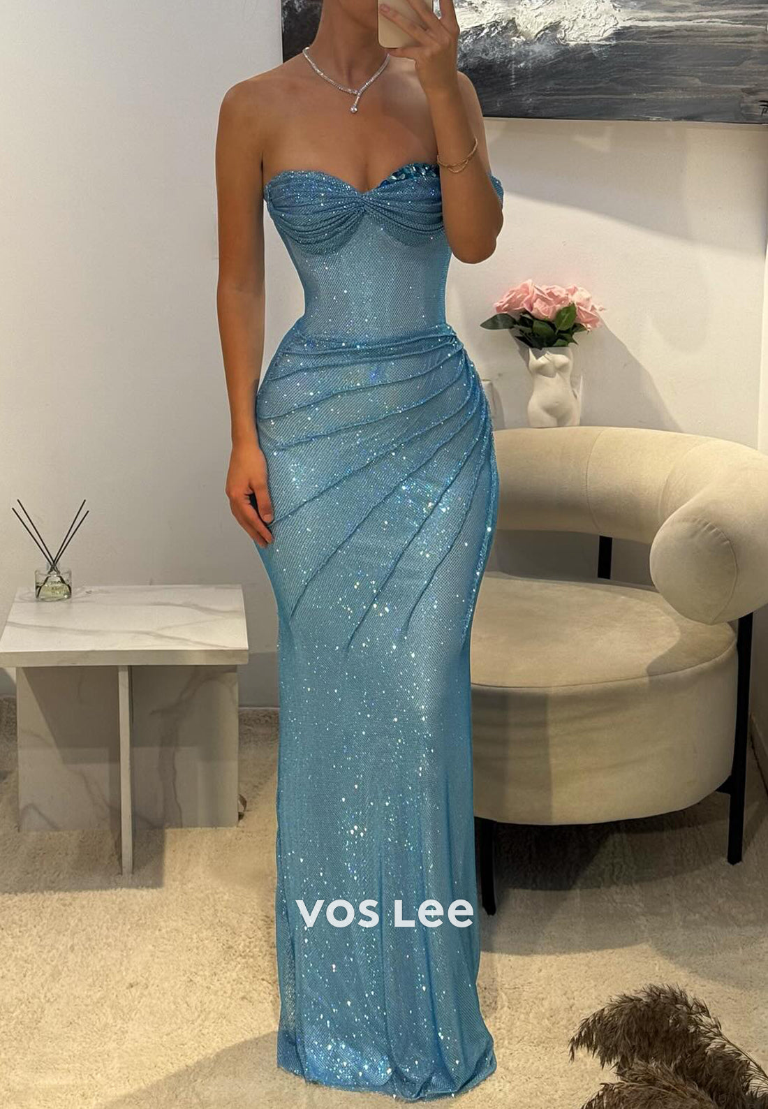 One Shoulder Rhinestone Pleated Mermaid Prom Dresses Evening Dresses VOS LEE One Shoulder Rhinestone Pleated Mermaid Prom Dresses Evening Dresses VOS LEE