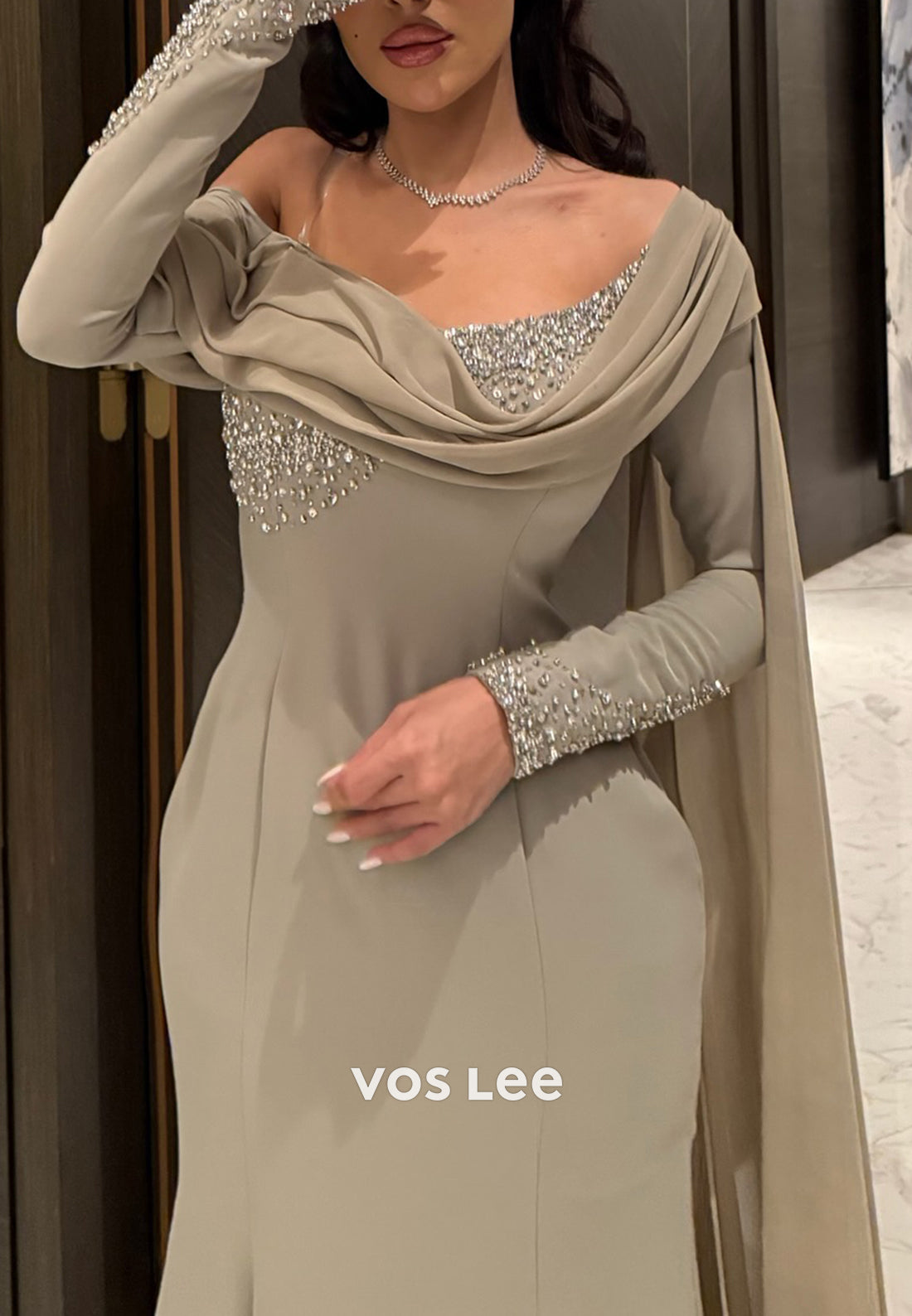 Long Sleeve Off the Shoulder Rhinestone Floor-Length Mermaid Evening Dresses