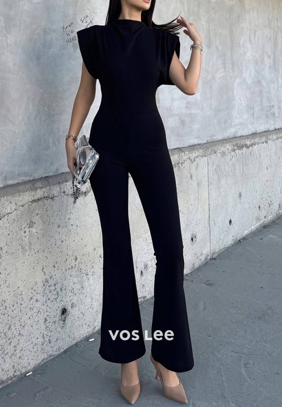 Black Short Sleeve High Neck Jumpsuit