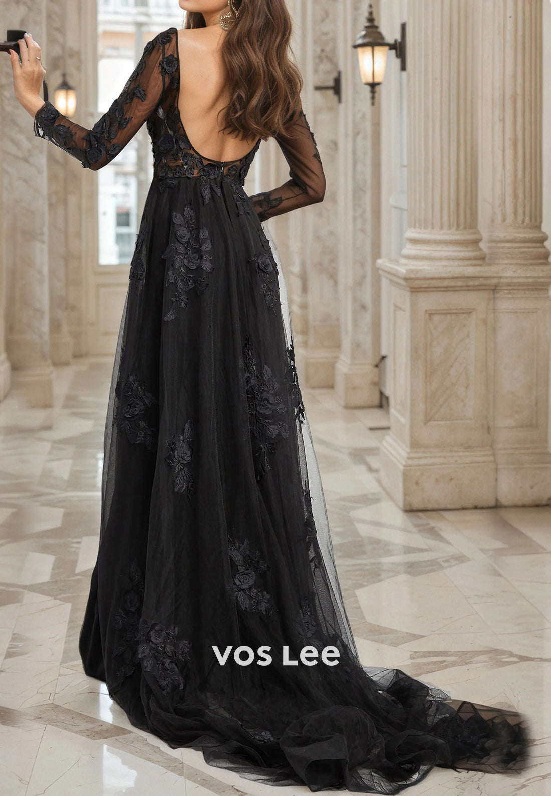 Casual Long Sleeve Illusion Neck Appliques Lace Mother of Bride Dresses with Court Train