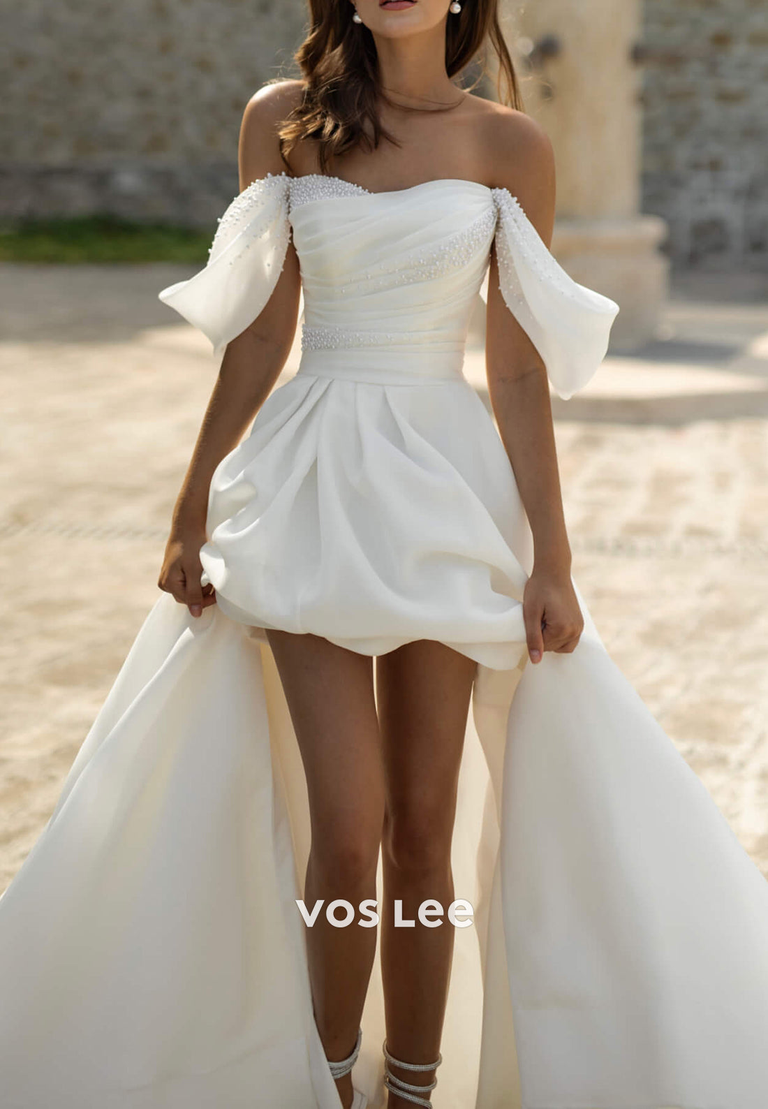 Simple Off the Shoulder Sweetheart pearls Pleated Wedding Dresses with Court Train