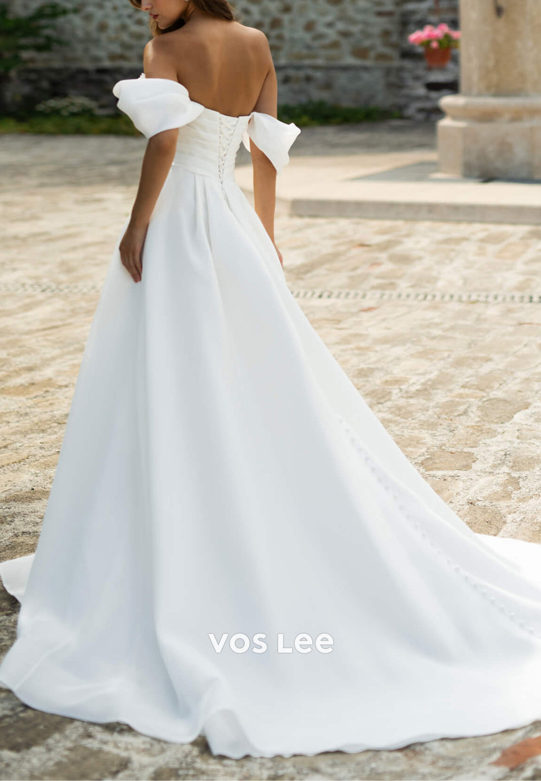 Simple Off the Shoulder Sweetheart pearls Pleated Wedding Dresses with Court Train