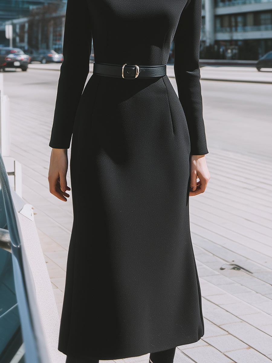 Black High-Neck Belted Midi Dress