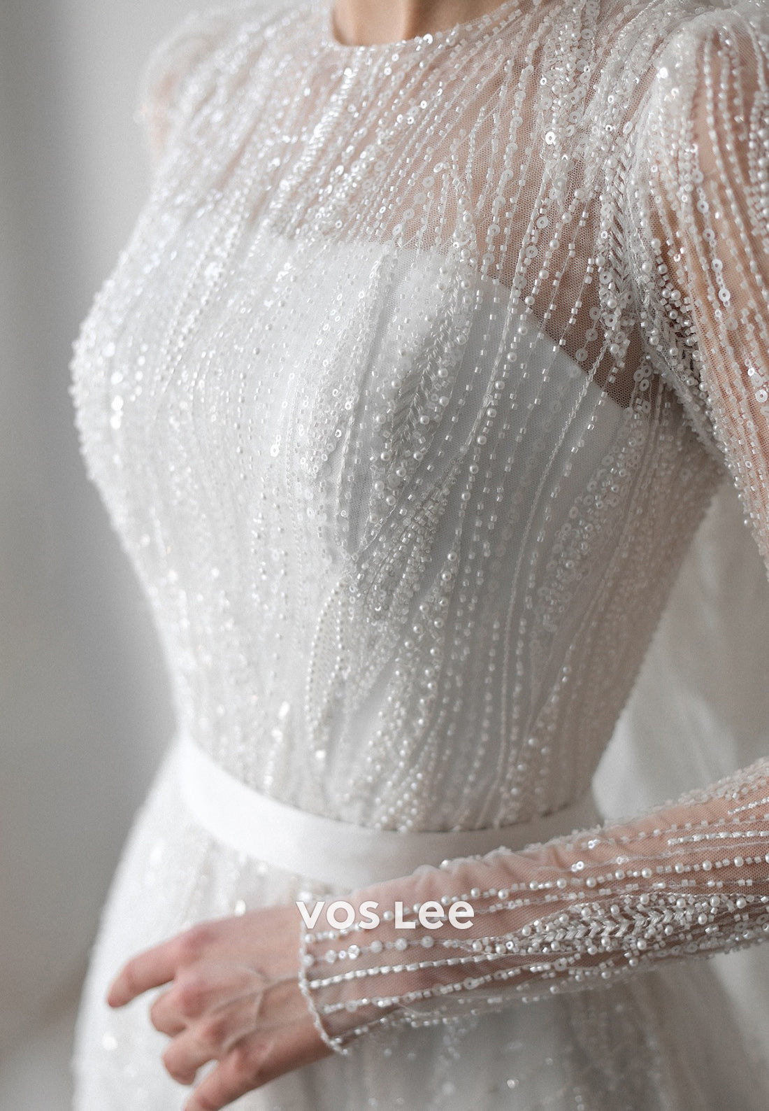 A-Line Long Sleeve Scoop Beaded Tulle Pleated Wedding Dresses with Court Train