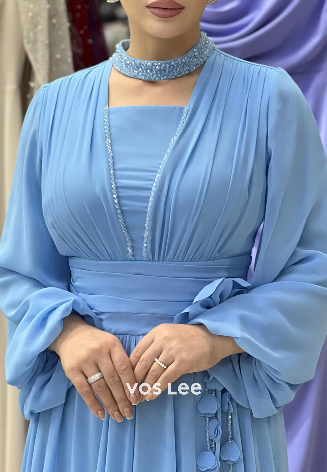 Simple A-Line Long Sleeve Scoop Flowers Floor-Length Pleated Evening Dresses