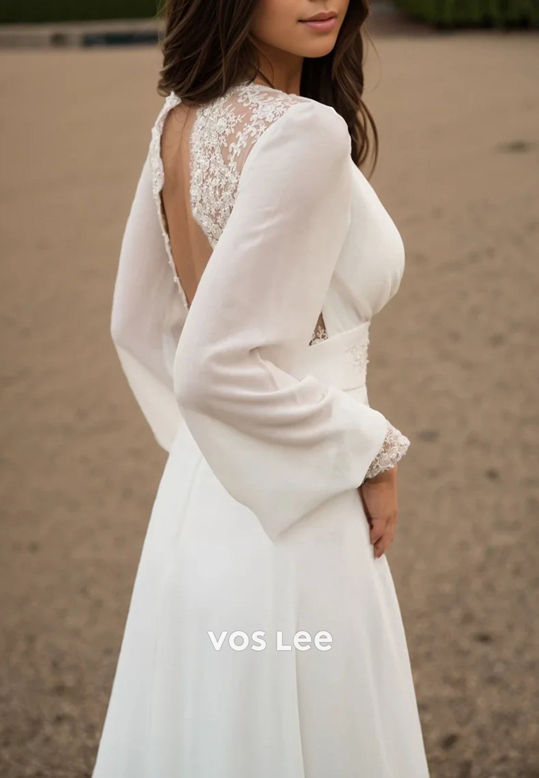 Simple Long Sleeve V Neck Appliques Lace Pleated Beach Wedding Dresses with Sweep Train