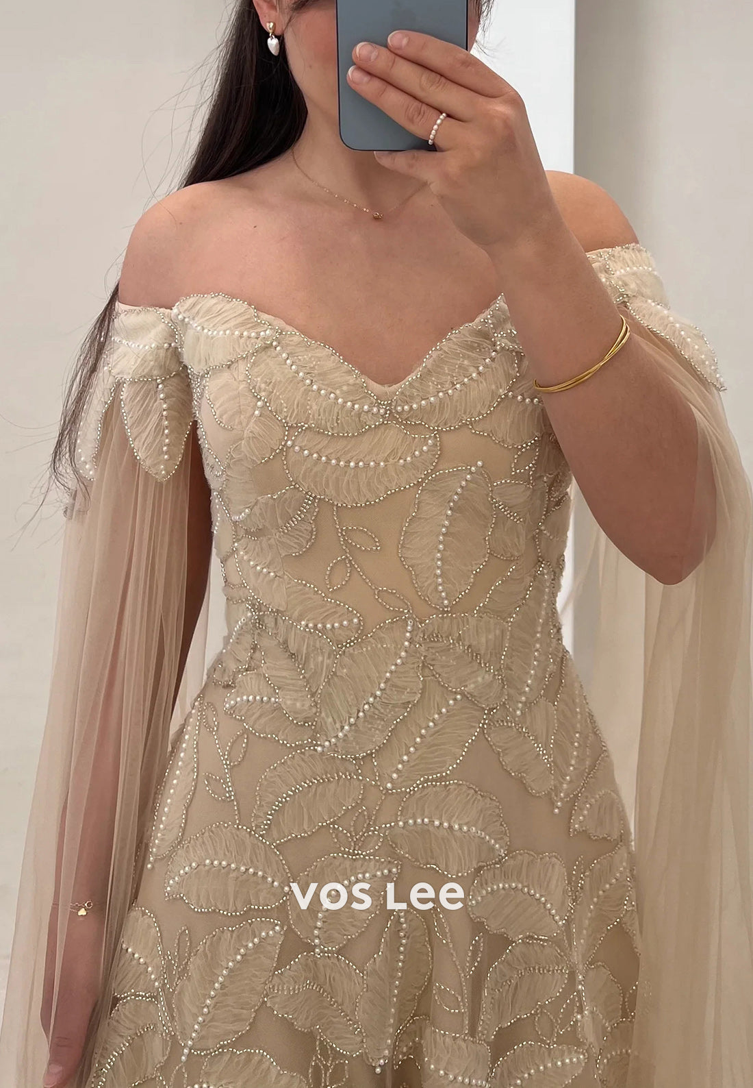 A-Line Off the Shoulder Appliqued Beading Pleated Evening Dresses with Court Train
