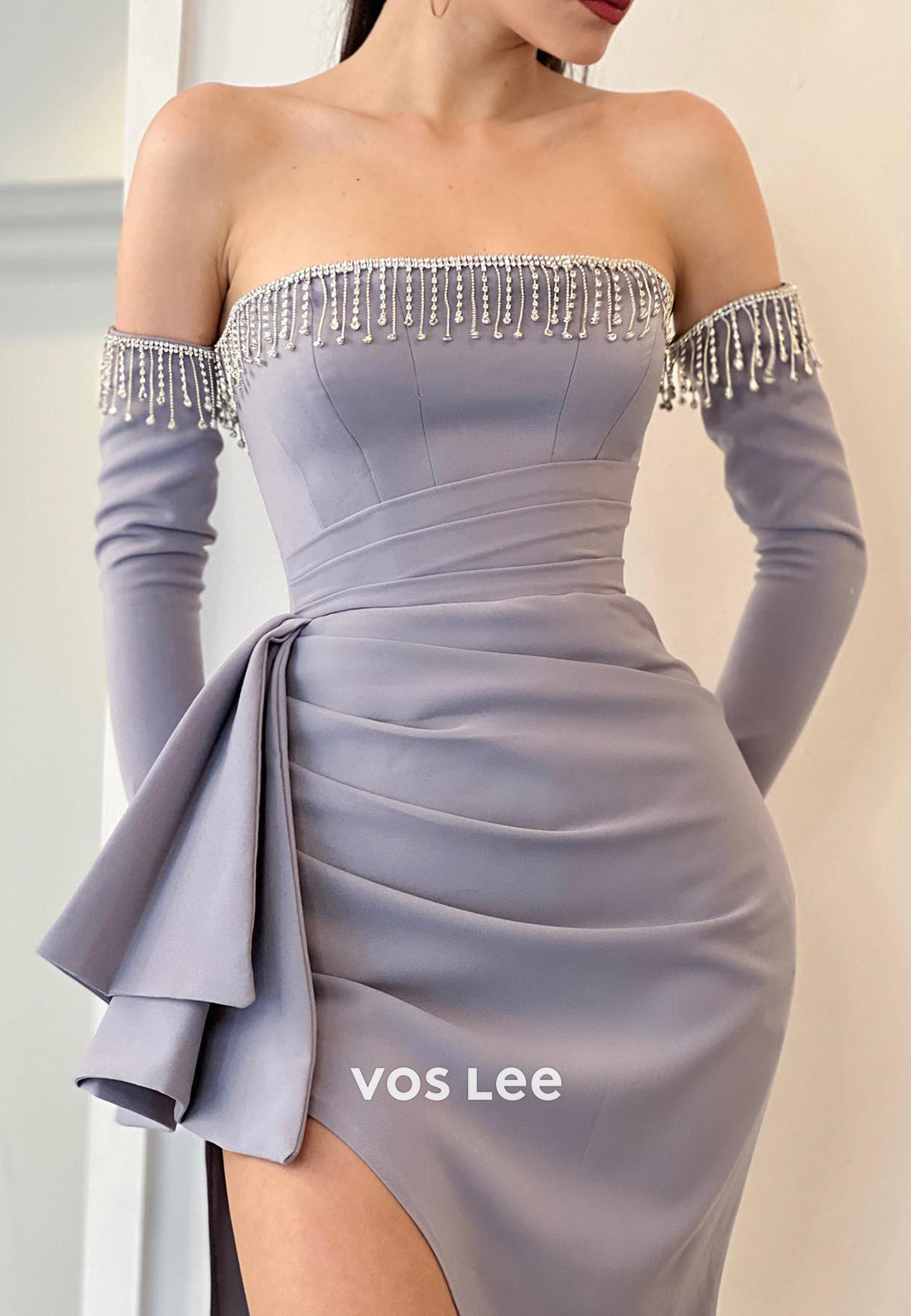 Long Sleeve Strapless Beaded Fringe Pleated Mermaid Evening Dresses with Sweep Train
