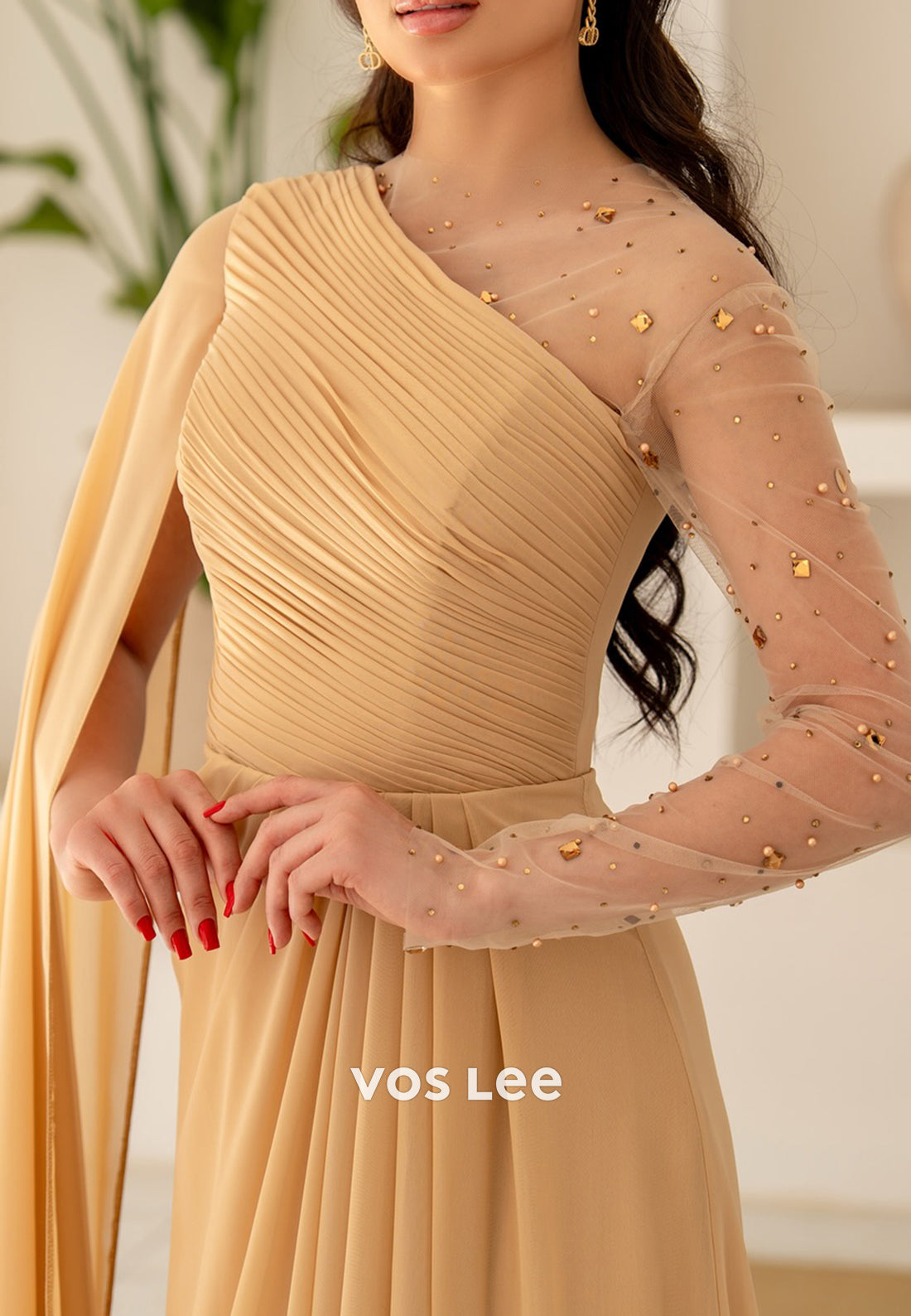 Long Sleeve A-Line Scoop Pleated Rhinestone Evening Dresses