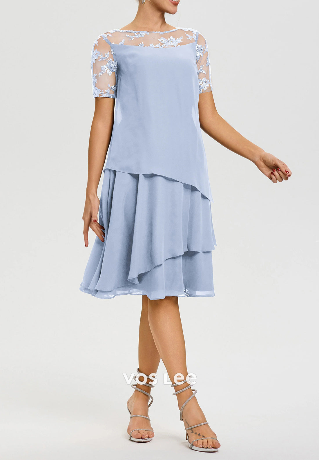 A-Line Short Sleeve Illusion Neck Knee-Length Mother of Bride Dresses with Tiered