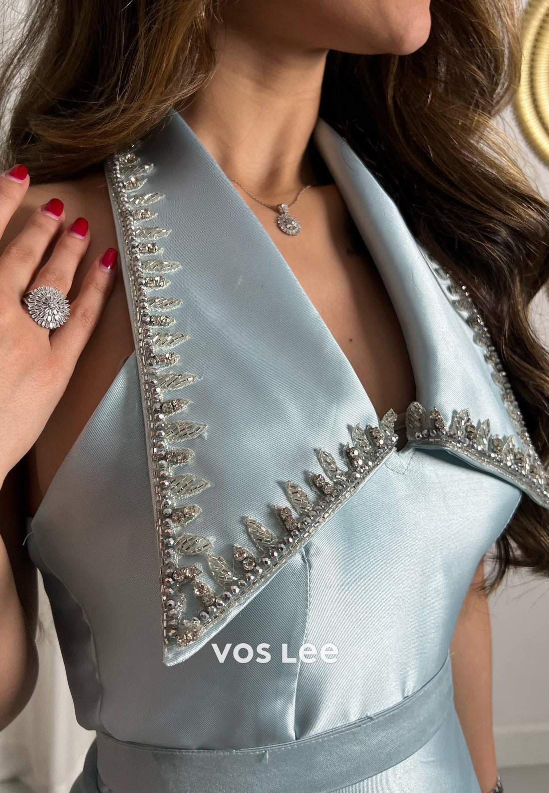 A-Line V Neck Beaded Sky Blue Ankle-Length Evening Dresses